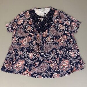 Catherines Paisley Blouse Top 3X 26/28W Crochet Lace Tie Neck Short‎ Sleeve